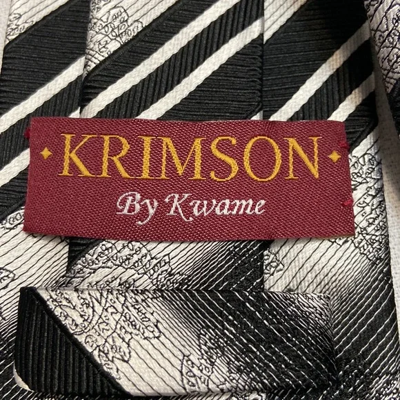Krimson By Kwame Mens Black & Gray 100% Silk Hand Made Luxury Mens Tie -EUC